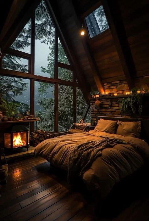 A Frame Cabin Bedroom, Cabin In The Woods Decor, Wood Cabin Decor Interiors, Cabin House Bedroom, Single Room Cabin, Cabin Room Ideas Bedrooms, Bedroom Ideas Cabin, A Frame Bedroom Ideas, Cozy House Bedroom