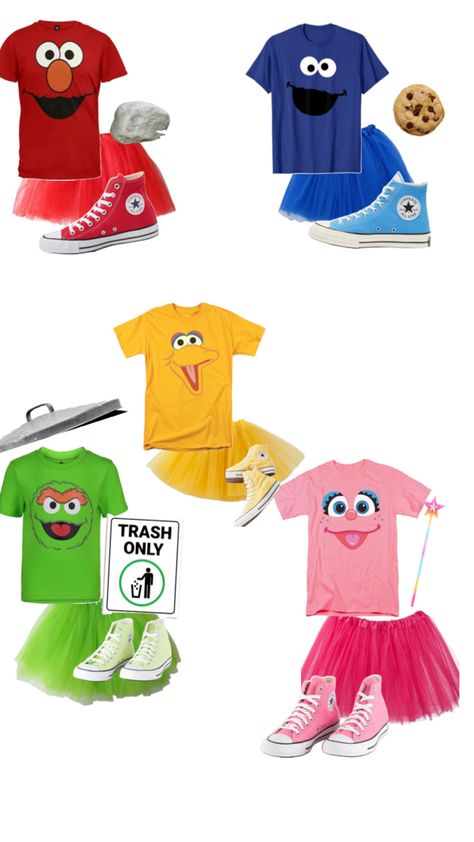 elmo ❤️ cookie monster 💙 big bird 💛 oscar the grouch 💚 abby 💗 Elmo Adult Costume, Hollowed Costumes For A Group Of 4, Elmo Big Bird Cookie Monster Costume, Trio Elmo Costume, Halloween Cookie Monster Costume, Sesame Street Zoe Costume, Elmo Halloween Costume Group, Seaseme Street Costume, Sesame Street Costumes Group