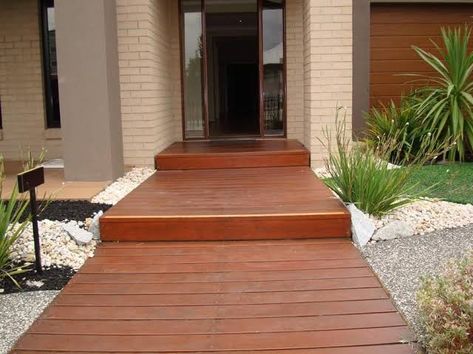 Front Entrance Ideas Exterior, Walkway To Front Door, Floating Decks, Front Door Landscaping, Front Entrance Ideas, Front Path, Wood Walkway, Outdoor Decking, Wooden Front Door