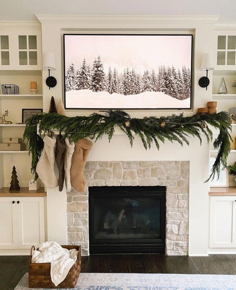 Christmas Decor Above Tv, Tv Console Garland Christmas, Wreath Over Fireplace, Tv Console Christmas Decor, Christmas Mantels With Tv, Bay Window Christmas Decor, Christmas Garlad For Tv Stand, Decor Above Tv, Tv Stand Christmas Decor