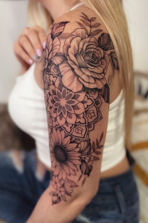 #tattoo #artwork #ink #tattoos #inked #tattooed #tattooartist #girlswithtattoos #tattooart #piercing #tattoolife #inkedgirls #blackwork #bodyart #tattooedgirls #tattoodesign #tattooist #inkedup #tatuagem #tattooing #instatattoo Sunflower Tattoo Ideas, Dragon Tattoo Ideas, Shoulder Sleeve Tattoos, 50 Tattoo, Sunflower Tattoo Shoulder, Lace Tattoo Design, Mandala Tattoos, Mom Tattoo Designs, Beautiful Flower Tattoos