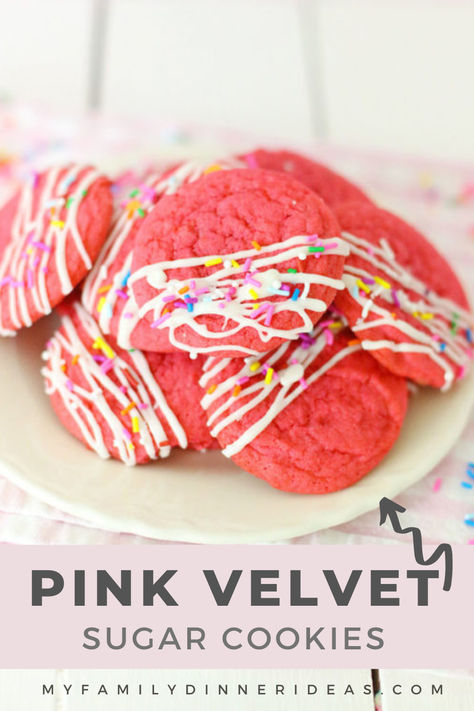 Pink velvet sugar cookies Pink Velvet Cookie Recipe, Pink Velvet Cookies, Velvet Sugar Cookies, Pan Cookies, Pink Desserts, Pink Cookies, Cookie Inspiration, Pink Sugar, Bake Sale