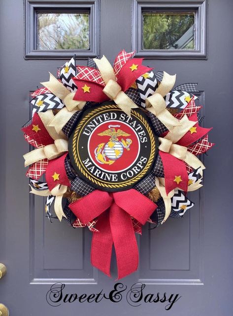 Marine Wreath For Front Door, Marine Corp Wreath, Marine Corps Christmas Tree, Marine Wreath, Flag Display Ideas, Marine Corps Christmas, Grad Brunch, Marine Corps Retirement, Marine Christmas