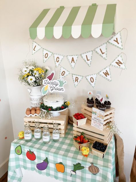 Fruits And Vegetables Birthday Theme, Farmers Party Ideas, Harvest Theme Birthday Party, Farming First Birthday Theme, Agriculture Themed Party, Veggie Birthday Party, Gardener Theme Party, Farmer Theme Party, Fruit Themed Decorations