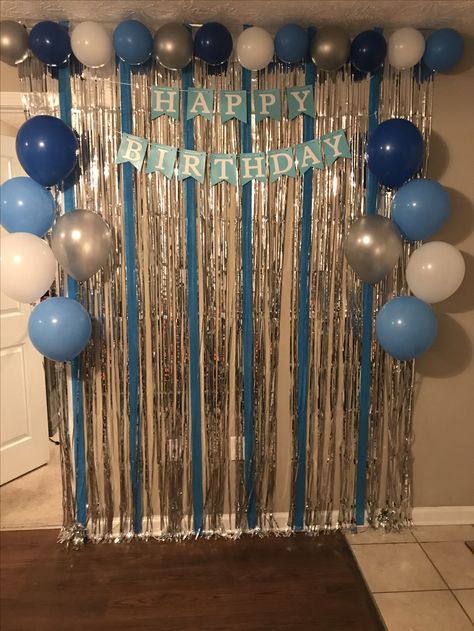 Blue & Silver birthday backdrop Birthday Backdrop Ideas At Home, Blue Party Decorations For Man, Blue Silver Birthday Party Decorations, Simple Blue Birthday Decorations, 1 St Birthday Decoration Ideas At Home, Simple At Home Birthday Decorations, Simple Birthday Decoration At Home Ideas For Men, Happy Birthday Decoration Ideas For Men, Happy Birthday Decoration Ideas At Home