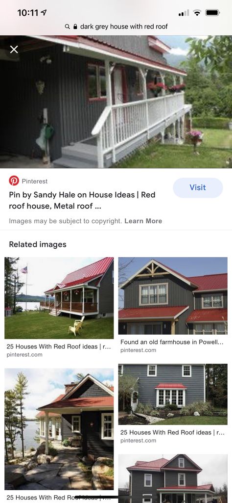 Maroon Roof House Colors, Red Metal Roof, Dark Grey Houses, Red Roof House, Blue Siding, Siding Ideas, Grey House, Grey Houses, Red Roof