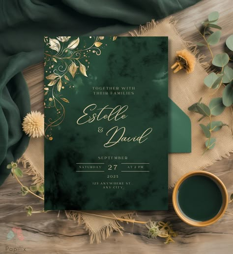 ✨ COMPLETE WEDDING STATIONERY SET AVAILABLE! ✨ Looking for a full set? You can find the matching Invitation, Details Card, RSVP Card, and Thank You Card Set at the link below: 👉 https://www.etsy.com/listing/1768917964/emerald-green-wedding-invitation-set This set perfectly complements your wedding theme, ensuring a cohesive and elegant look for your special day. This invitation perfectly blends elegance and sophistication, making it the ideal choice for your special day. The deep emerald green Green Silver And Gold Wedding, Green Color Scheme Wedding, Black And Green Wedding Theme, Dark Green Wedding Theme, Green And Gold Wedding Invitations, Emerald Green Wedding Invitations, Emerald Green And Gold Wedding, Gold And Green Wedding, Emerald Wedding Colors