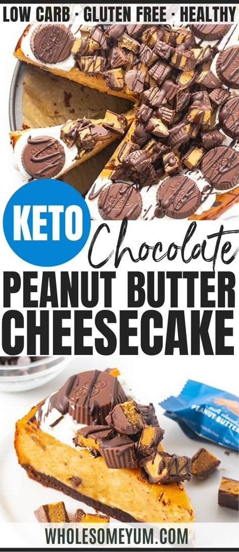 Keto Chocolate Peanut Butter Cheesecake Recipe - The BEST keto peanut butter cheesecake recipe! This low carb peanut butter cup cheesecake has a chocolate crust, smooth peanut butter filling, + plenty of peanut butter cups mixed in. Keto Peanut Butter Cheesecake Recipes, Keto Cheesecake Peanut Butter, Wholesum Yum, Keto Peanut Butter Cheesecake, Whole30 Chili, Keto Cheesecakes, Keto Pies, Peanut Butter Cheesecake Recipes, Cup Cheesecake