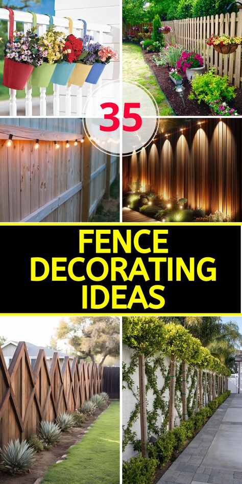 35 Fence Decorating Ideas to Transform Your Backyard into a Stunning Outdoor Oasis - placeideal.com Backyard Fence Decor Wall Art, Fence On Wall Ideas, Decorating Privacy Fence Ideas, Backyard Wooden Fence Decorating Ideas, Wood Fence Decor Ideas, Painting Fences Ideas Backyards, Wood Fence Decorations, Garden Fence Decoration Ideas, Privacy Fence Decorating Ideas