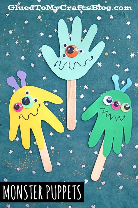 Handprint Puppets, Monsters Inc Crafts, Diy Backdrop Ideas, Easy Paper Crafts For Kids, Ideas For Parties, Monster Activities, Halloween Crafts Preschool, Preschool Art Projects, Monster Craft