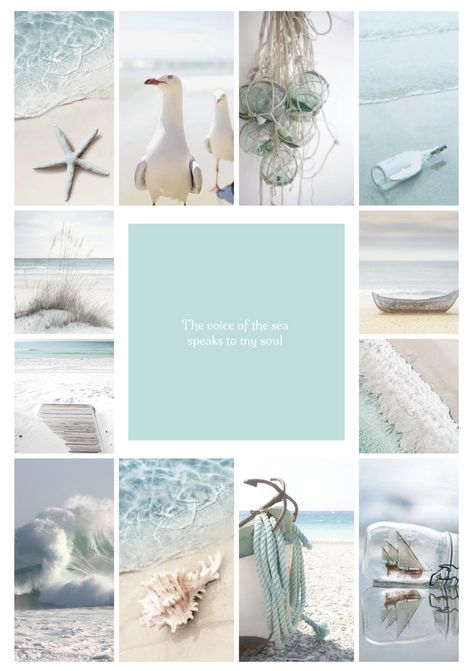 Collage by Renée Ocean Mood Board, Seaside Images, Coastal Collage, Cool Summer Palette, Beach Houses Architecture, Lifeguard Chair, Calm Color Palette, Coastal Style Decorating, Coastal Wallpaper