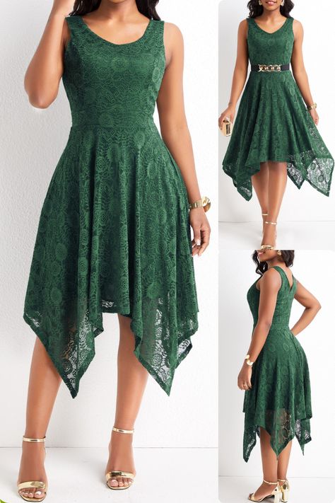 Green Church Dress, Green Flowy Dress With Lace Trim, Elegant Green Midi Dress With Lace Trim, Green High Low Dress, Sleeveless Green Lace Midi Dress, Green V-neck Dress With Ruffle Hem, Green Lace V-neck Midi Dress, Women Fashion Dress, Church Dress