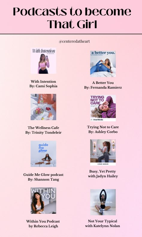 Here are some podcast recommendations you can listen to, to become her, that girl, and for self development, personal growth, and mindset tips.  These podcasts are great for women in their 20s, lifestyle podcasts, mental health and wellness, glow up tips. Check out these podcasts for self improvement, that girl podcast Spotify, that girl podcast aesthetic. Let us know your favorite podcast for self love, healing and self growth below! ✨With intention Cami Sophia. A better you Fernanda Ramiez. The wellness cafe Trinity Tondeleir. Trying not to care Ashley Corbo. Guide to glow podcast Shannon Tang. Busy yet pretty with Jadyn Hailey. Within you podcast by Rebecca Leigh. Not your Typical with Katelyn Nolan. Self Love Podcasts Spotify, Podcast To Listen To Become That Girl, Self Growth Podcasts For Women, Busy Yet Pretty Podcast, A Better You Podcast, Podcast Self Improvement, Podcasts Self Improvement, Best Podcasts For Women In 20s, Self Improvement Podcasts For Women