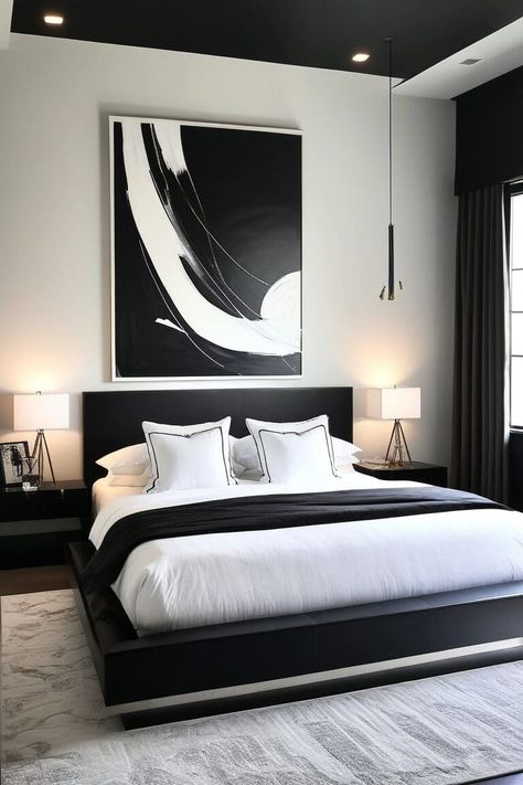 15 Stunning Black and White Bedroom Ideas to Transform Your Space White And Black Room Decor, Black And White Bedroom Aesthetic, Black And White Bedroom Ideas, Patio Wall Art, Headboard Alternative, Black And White Room, Black Room Decor, White Wall Bedroom, Black And White Bedroom