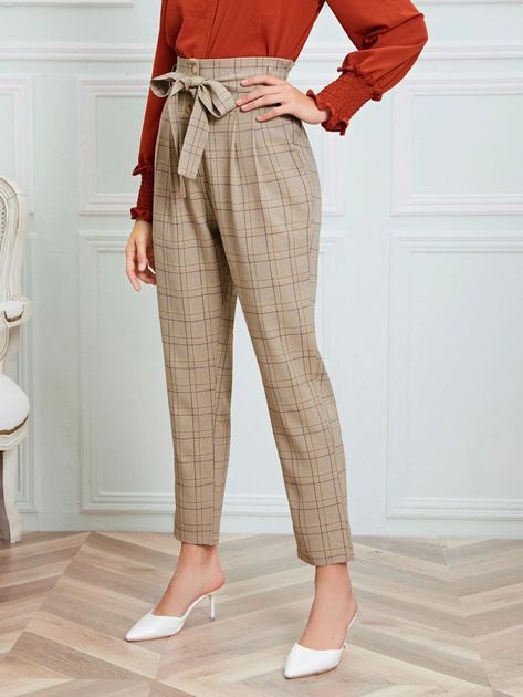 Plaid Belted Paper Bag Waist Pants | SHEIN USA Paperbag Pants Outfit, Paper Bag Waist Pants, Summer Office, Paperbag Pants, Elegant Attire, Women Pants, Shein Style, Fit Inspo, Waist Pants