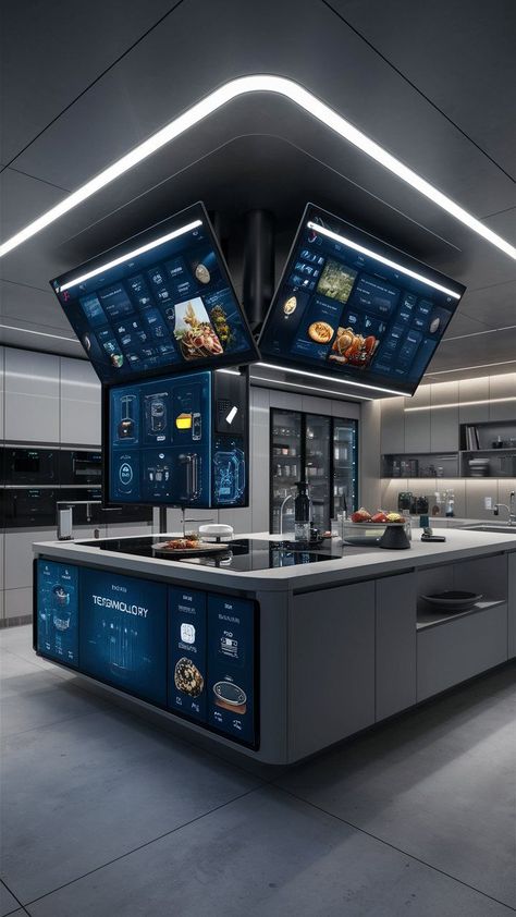 Create an integrated technology station where you can control smart appliances, browse recipes, or charge devices, making your kitchen a high-tech hub. Futuristic Home Design, High Tech Interior, Small Kitchen Remodel Ideas, Classy Kitchen, Small Kitchen Remodel, Interior Design Presentation, Dream Kitchens Design, Dream Life House, Modern Kitchen Design Luxury 2020