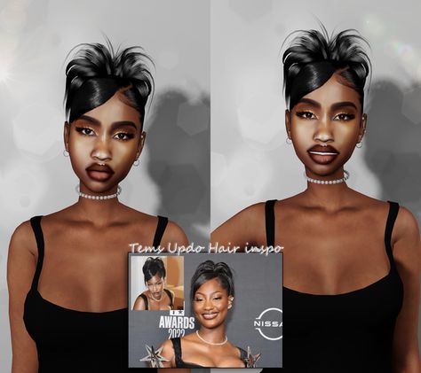 Tems Updo Hair inspo:) | Patreon Sims 4 Black Hair Cc, Girls Updo Hairstyles, Sims Cc Hair, Sims 4 Curly Hair, Girls Updo, Sims 4 Alpha Cc, Messy Curly Bun, Sims 4 Black Hair, Sims 4 Alpha