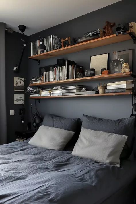 Mens Bedroom Color Schemes, Small Bedroom Ideas For Men Man Caves, Bedroom For Men Modern, Bedding Ideas Men, Men Apartment Decor Bedroom, Bed Shelves Ideas, Men Bedroom Color Schemes, Men’s One Bedroom Apartment, Cozy Male Bedroom