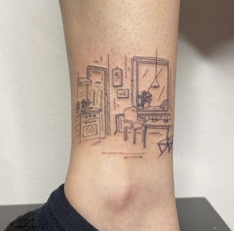 New Yorker Tattoo, Jigsaw Falling Into Place Tattoo, Interior Design Tattoo, Picnic Tattoo, Still Life Tattoo, Kitchen Tattoo, Tattoos Architecture, Square Tattoo, Real Tattoos