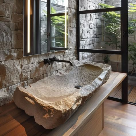 Unique Sink Design, Rock Bathroom, Rock Sink, Rock Bathroom Ideas, Rustic Chic Bathrooms, Lodge Bathroom, Unique Sinks, House Wall Design, Natural Stone Countertops