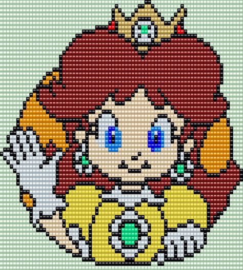 Princess Daisy - Super Mario Bros.  Square Grid Pattern by Man in the Book 74 Columns X 64 Rows Square Grid Pattern, Square Drawing, Easy Perler Beads Ideas, Square Grid, Princess Daisy, Fuse Bead Patterns, Easy Pixel Art, Pixel Art Templates, Perler Bead Templates