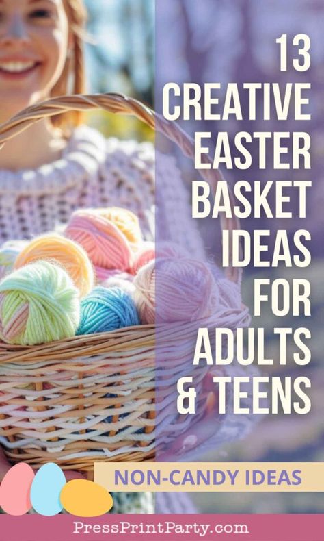 13 Non-Candy Easter Basket Ideas for Adults and Teens - Find great Easter basket ideas for your parents or teens. Lots of creative unique ideas for men, women, teens, or young adults for you to DIY. Go cheap or fancy. You'll find a great idea for your cute Easter gift basket with simple gift guides. Food, and craft ideas, go with their passion - Press Print Party! Adult Kids Easter Basket Ideas, Easter Basket Ideas For Adults Women, Non Candy Easter Basket Ideas For Teens, Easter Gifts For Adult Children, Easter Ideas For Teens, Easter Prizes For Teens, Young Adult Easter Basket Ideas, Teen Easter Basket Ideas, Adult Easter Basket Ideas