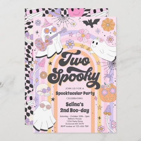 $3.08 | Two Spooky Halloween Groovy Ghost 2nd Birthday | Halloween Birthday Invitations | halloween birthday, halloween party, spooktacular party, ghost birthday party, retro halloween party, groovy halloween party, hippie halloween party, spooky vibes party, two spooky birthday, two spooky party Ghost Birthday Party, Retro Halloween Party, Halloween Theme Birthday, Ghost Birthday, Groovy Ghost, Halloween First Birthday, Halloween 1st Birthdays, Halloween Themed Birthday Party, Hippie Halloween