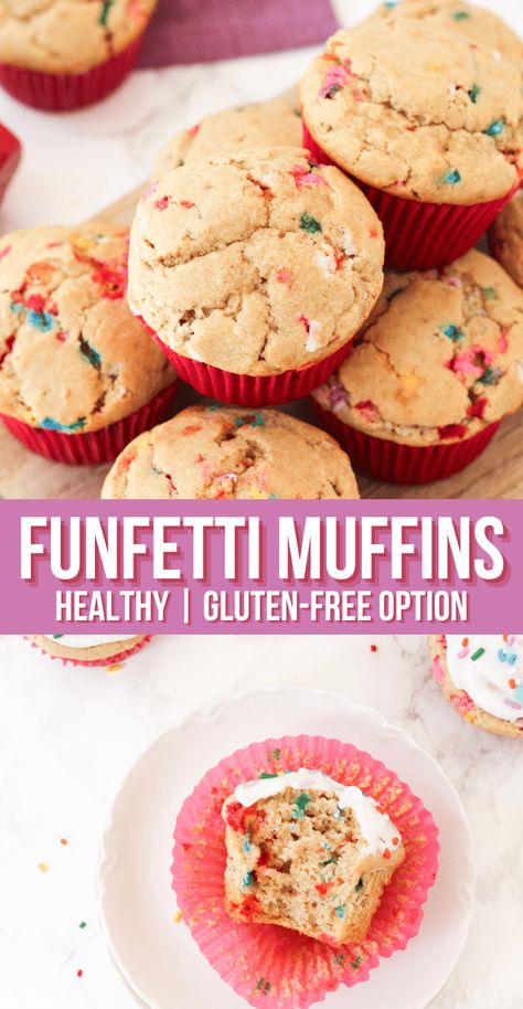 Funfetti Protein Muffins, Healthy Funfetti Muffins, Healthy Confetti Muffins, Healthy Birthday Breakfast, Sprinkle Muffins, Birthday Breakfast Kids, Funfetti Muffins, Muffins With Greek Yogurt, Greek Yogurt Frosting