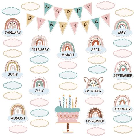 PRICES MAY VARY. Package Include:56 Pieces Bohemian rainbow bulletin board decoration cutout. It includes 13 letter "HAPPY BIRTHDAY", 1 big cake cutout, 12 rainbow months cutouts and 30 blank label sheets, and the package also comes with 5 sheets 100 pi eces of adhesive dots for pasting. Unique Design: The unique bohemian rainbow style design! Different rainbow patterns are used to distinguish the 12 months. We have designed two blank label designs, square and cloud, and you can choose according Pioneer Woman Green Beans, Boho Bulletin Board, Classroom Decor Boho, Date Nut Bars, Boho Rainbow Birthday, Rainbow Bulletin Boards, School Wall Decoration, Calendar Birthday, Birthday Chart