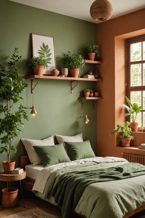 21 Green & Terracotta Bedroom Ideas – ToolzView Gold Green Room Aesthetic, Green Corner Ideas, Mid Century Modern Bedroom Green Walls, Monstera Bedroom Decor, Olive Room Ideas, Save Green Walls, Green Terracotta Color Palettes Bedroom, Plant Room Wall Color, Green On Green Walls