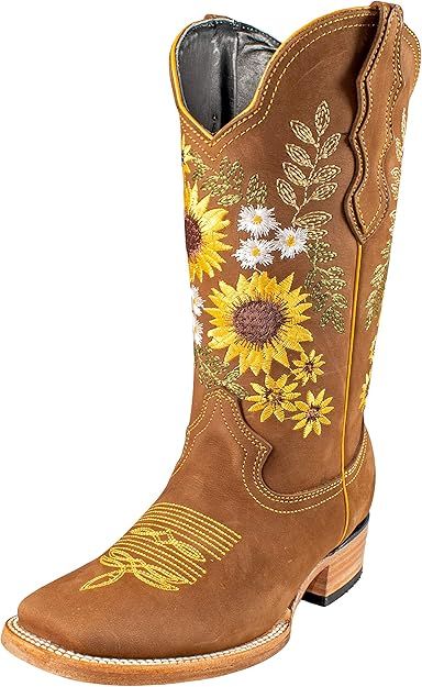 Amazon.com | Women's Western Cowgirl Boots Nubuck Leather Color Honey Sunflower Stitching | Shoes Sunflower Stitching, Sunflower Cowboy Boots, Sunflower Boots, Cow Girl Boots, Cowboy Boots For Women, Chic Flats, Girl Boots, Western Cowgirls, Cow Girl