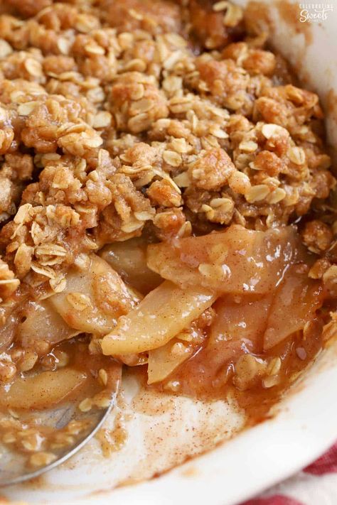 Closeup of an apple crisp in a white baking dish. Fruit Crisp Topping, Homemade Applesauce Recipes, Potato Souffle, Celebrating Sweets, Apple Tarte, Crisp Recipes, Best Apple Crisp Recipe, Easy Apple Crisp Recipe, Crumble Pie