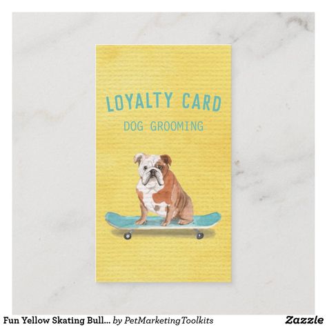 Fun Yellow Skating Bulldog Dog Grooming Loyalty Business Card Dog Grooming Branding Design, Dog Grooming Loyalty Card, Dog Grooming Business Cards, Dog Boarding Kennel Cards, Loyalty Cards, Dog Grooming Memes, Loyalty Card, Dog Grooming, Design Templates