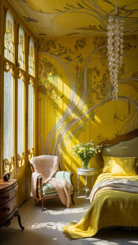 Discover a tranquil yellow wallpaper bedroom infused with Art Nouveau charm. Intricate floral patterns, flowing lines, and sunlight streaming through ornate windows create a harmonious space. Antique wooden furniture, a cozy vintage armchair, and whimsical chandelier enhance comfort and elegance. Experience the beauty of early 20th-century design principles in this inviting sanctuary. #YellowWallpaper #ArtNouveau #HomeDecor #InteriorDesign Yellow Eclectic Bedroom, Yellow Floral Wallpaper Bedroom, Yellow Maximalist Bedroom, Yellow And Gold Bedroom, Maximalist Airbnb, Art Nouveau Interior Bedroom, Yellow Room Ideas Bedrooms, Yellow Wallpaper Bedroom, Yellow Room Ideas