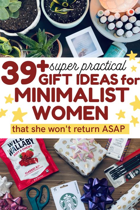 Gifts for Minimalist Women: super practical gift ideas for women who hate clutter! Consumable gifts, experience gifts and more. I know it seems impossible, but if you CAN find the perfect minimalist gift for her. Gifts That Make Life Easier, Gifts For Work From Home, Simple Gift Ideas For Women, Gift For Blind Person, Unique Gifts For Women Birthdays, Consumable Gifts For Adults, Birthday Gifts For Adults Women, Interesting Gift Ideas, Small Candle Gift Ideas