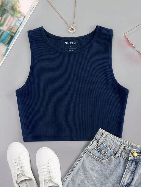 Azul Marino Casual Collar  Tela Liso Tank Embellished Elástico Ligero Primavera/Otoño,Verano Blue Tank Top Outfit, Navy Blue Crop Top, Top Azul, Blue Cami, Light Blue Top, Tank Top Outfits, Cute Preppy Outfits, Women Tank Tops, Crop Tank Top