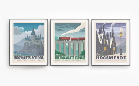 Harry Potter Poster Set ($22) Harry Potter Travel Poster, Hogwarts Painting, Harry Potter Prints, Poster Harry Potter, Harry Potter Wall Art, Harry Potter Travel, Kids Room Deco, Harry Potter Wall, Harry Potter Poster