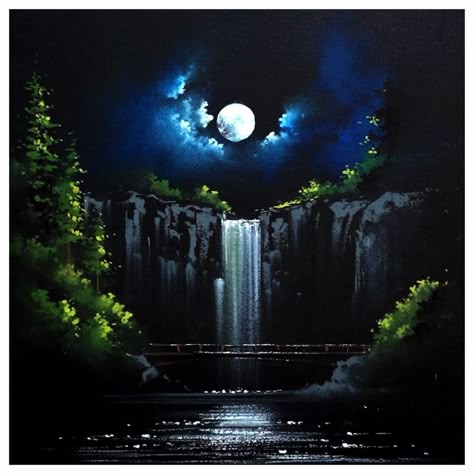 Scenery Paintings On Canvas, Landscape Paintings Night Sky, Beautiful Oil Pastel Drawings, Oil Pastel Colours Painting, Waterfall Scenery Painting, Black Watercolour Painting, Oil Pastel Art Scenery, Landscape Paintings Night, Oil Pastel Art Landscape Night