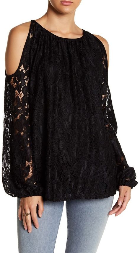 Noa Elle Harley Lace Cold Shoulder Shirt #coldshoulder #shirt #ad Womens Boho Dresses, Cold Shoulder Shirt, Cold Shoulder Lace, Black Lace Tops, Autumn Fashion Casual, Suit Fashion, Cute Shirts, Boho Dress, Puff Sleeves