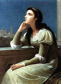 A painting of Juliet Capulet. Note her simple yet well-made dress, her puffed sleeves, and her long skirt. Additionally, she is clearly wearing layers, which was typical of medieval wealthy girls. Juliet Capulet, John Everett Millais, John Wilson, Pre Raphaelite, William Shakespeare, 인물 사진, Romeo And Juliet, Pics Art, Figure Painting