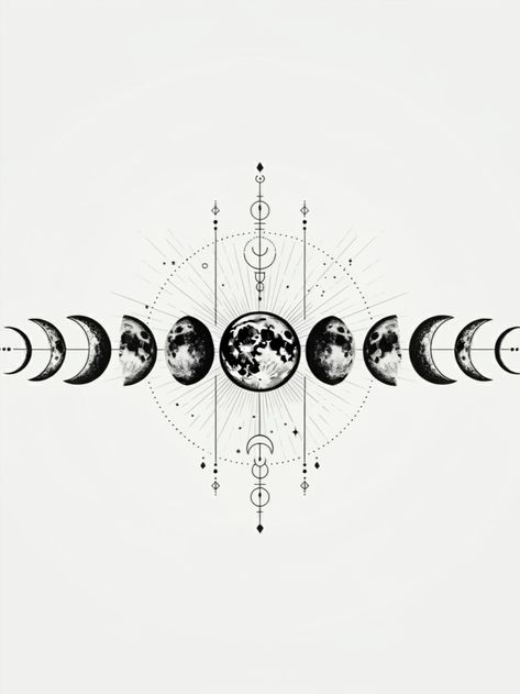 A woman wearing a black sweatshirt with a detailed moon phase design, showing the lunar cycle from crescent to full moon, accented by geometric and celestial patterns Moon Phase Stencil, Moon Phases Design, Celestial Fashion, Glass Bottle Diy, Bottle Diy, Print Products, Lunar Cycle, Spine Tattoos, Black Sweatshirt