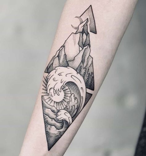 Ocean Inspired Tattoos Men, Ocean Tattoo Men, Ocean Forearm Tattoo, Big Forearm Tattoo, Ocean Mountain Tattoo, Tattoo Ideas Water, Mountain And Wave Tattoo, Ty Tattoo, Big Tattoo Ideas