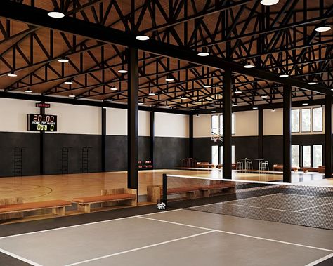 Indoor basketball and pickleball courts for the barndominium/man cave #barndominium #interiordesign #mancave Barndominium Gym, Indoor Pickleball Court, Basketball Facility, Inside Gym, Indoor Tennis Court, Turkey House, Pickle Balls, Tennis Court Design, Indoor Sports Court