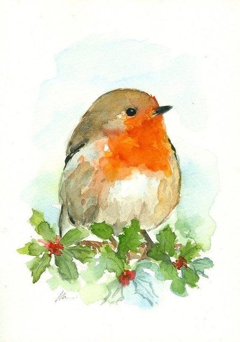 Watercolor Robin, Robin Painting, Animal Nursery Art, Bird Watercolor Paintings, Bird Watercolor, Christmas Card Art, Diy Watercolor Painting, Watercolor Christmas Cards, Watercolor Paintings Easy