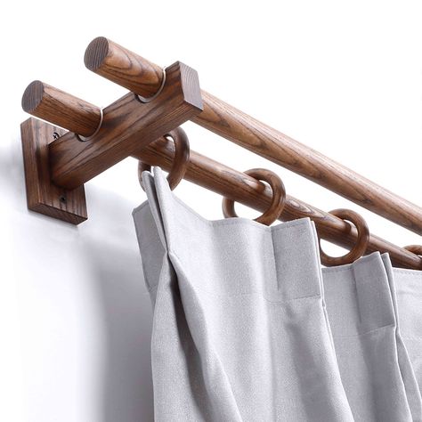 This wood curtain rod is wear-resistant, shiny, clear texture, not easy to deform when dry, moisture-proof and mildew-proof. Different from industrial production, each set is handmade, with natural materials and different textures, revealing the beauty of natural textures and adding more natural flavor to your room. After seeing the hustle and bustle and glitz, I long for a trace of tranquility in my heart, and life needs natural breath to fill it. Wood Double Curtain Rod, Organic Modern Curtain Rod, Wood Curtain Rod Ideas, Double Curtain Rod Ideas Living Rooms, Diy Double Curtain Rod, Double Rod Curtain Ideas With Sheers, Double Curtain Rod Ideas, Curtain Rod Ideas, Wood Curtain Rod