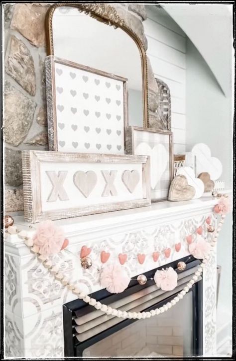 Valentine Mantle Decor, Neutral Valentines Decor, February Decor, Vday Decor, Farmhouse Valentine Decor, Valentine Craft Decorations, Boho Valentine, Valentines Party Decor, Diy Valentine's Day Decorations