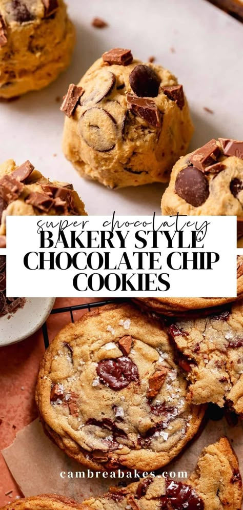 These bakery style chocolate chip cookies are deliciously soft, chewy, and thick with gooey centers. I'm sharing all of my bakery secrets to achieving the BEST chocolate chip cookies at home! See’s Chocolate Chip Cookies, Chewy Bakery Style Chocolate Chip Cookies, Bakery Style Chocolate Chip Cookies, Bakery Style Cookies Big, Large Bakery Style Chocolate Chip Cookies, Chewy Gewy Chocolate Chip Cookies, Salty Chocolate Chip Cookies, Bakery Chocolate Chip Cookies, European Chocolate