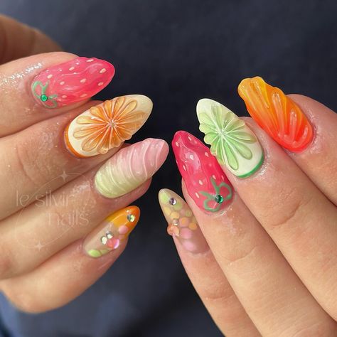 Kawaii Inspired Nails, Fruit Design Nails Summer, Jelly Fruit Nails, Green And Pink Gel Nails, Guava Nails, 3d Fruit Nails, Papaya Nails, Tropical Nails Design, Mexico Inspired Nails