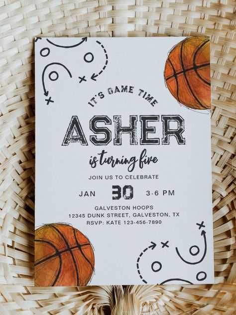 Watercolor Basketball Birthday Invitation Watercolor Basketball Birthday Invitation Ready to be personalized by you! #basketball #sport #turningfive #birthday #happybirthday #birthdaycards #birthdayparty #5thbirthday 3 Pointer Basketball Birthday, Basketball 3rd Birthday Party, Basketball Party Invitations, Basketball Invitations Birthday, Birthday Basketball Theme, Basketball Birthday Party Invitations, Basketball Themed Birthday Party, Sports Party Invitations, Basketball Birthday Invitations