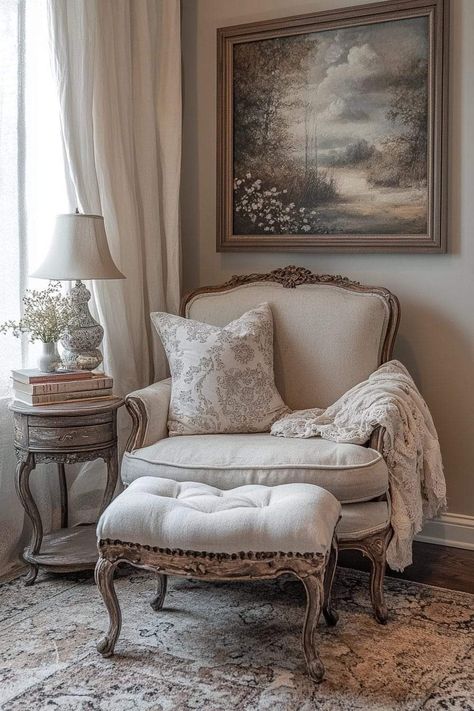 Shabby Chic Decor Ideas, Bedroom Table Lamps, Peeling Wallpaper, Faded Fabric, Country Cottage Farmhouse, Personal Retreat, French Country Furniture, Intimate Space, Comfy Armchair